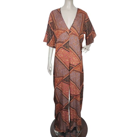 Nasty Gal Geometric Paisley Floral Cheesecloth Patchwork Jumpsuit Size 14 NEW - Picture 1 of 7